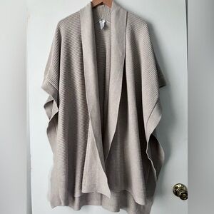J Jill Ribbed Knit Sweater Shawl Wrap Boho Longline Ruana Beige